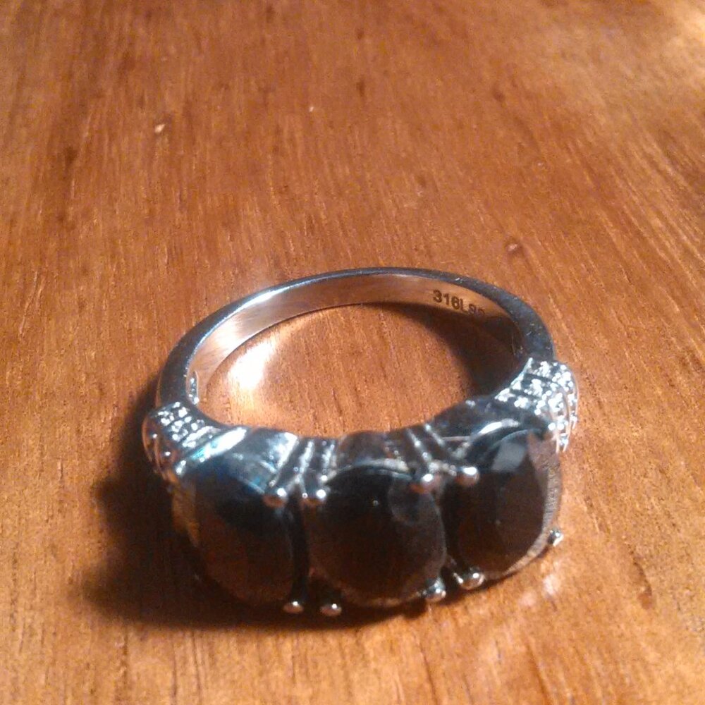 Midnight Sapphire Three Stone Stainless Steel Ring (Size 7) - Picture 13 of 14